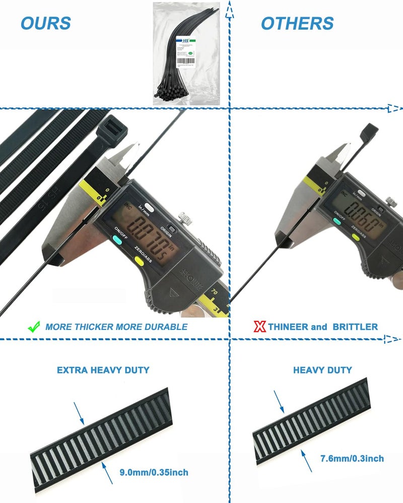 HS رباطات سلكية عريضة HS قوية 17 بوصة 100 قطعة قوة 200 رطل، أربطة سحاب سوداء كبيرة من نايلون UV، لفات كابل طويلة، للاستخدام الخارجي - Image 2